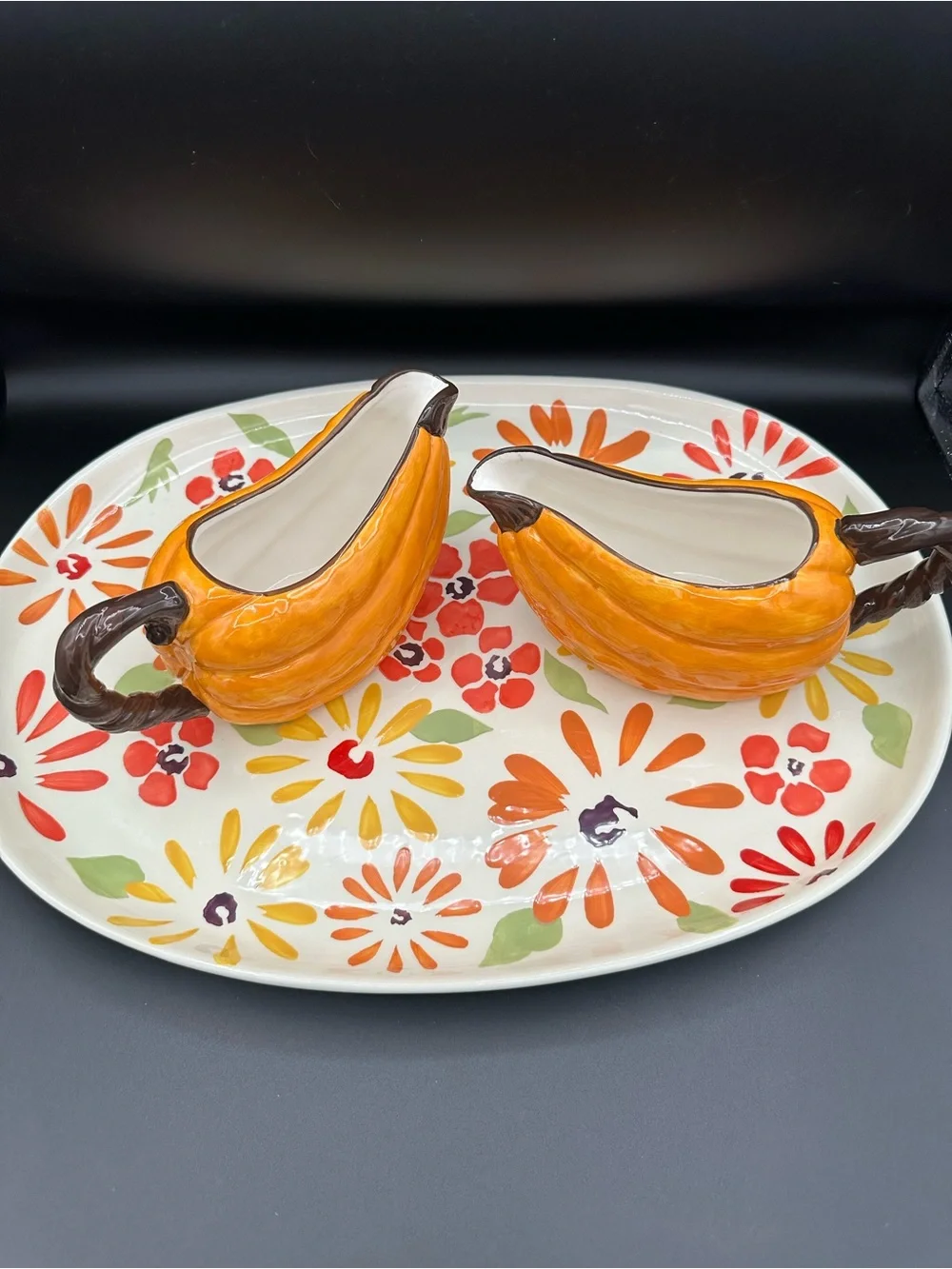 5pc Autumn Harvest Tablescape Set Platter Pumpkin Gravy Boats Candle Basket